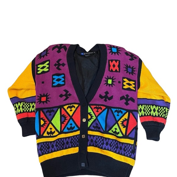 I B diffusion fun vintage/Hong Kong 1991 puff shoulder allover print sweater M - Picture 1 of 8